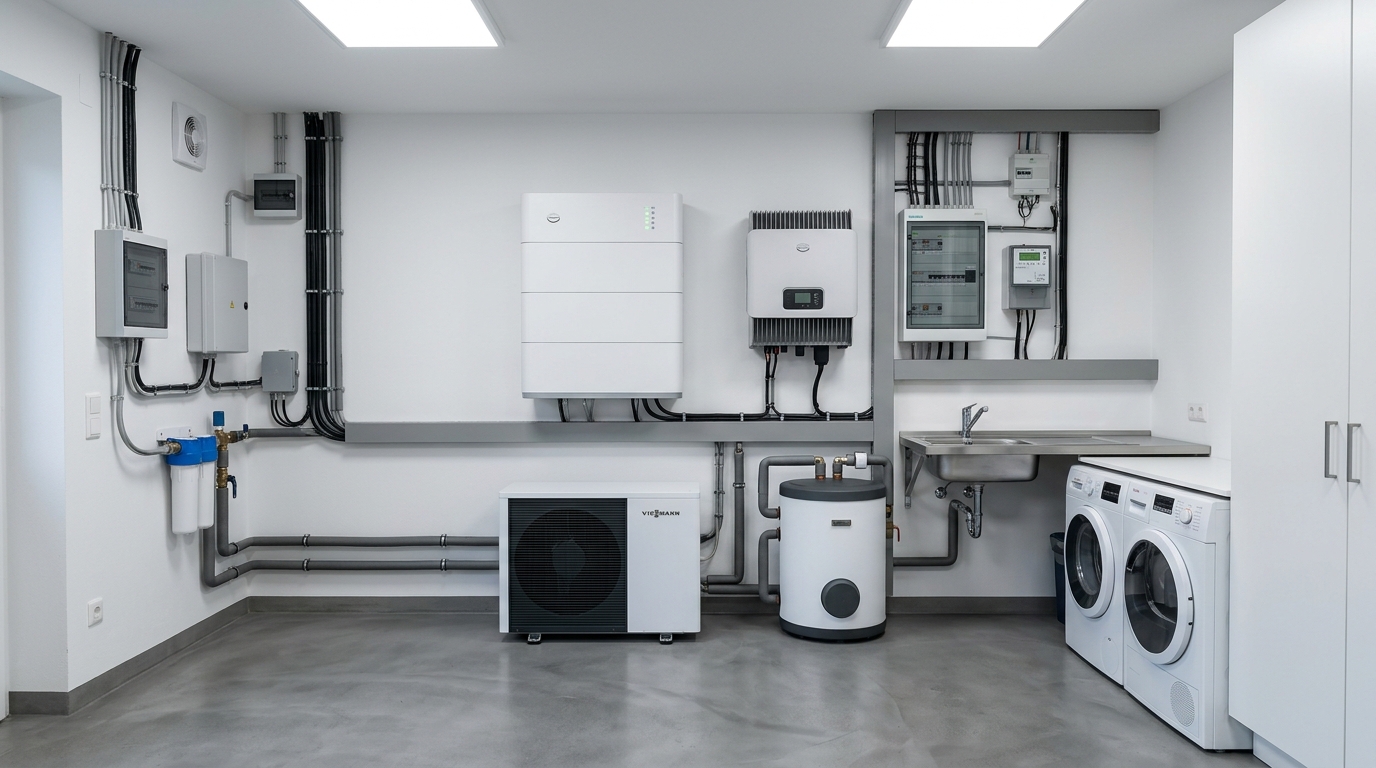 Hausspeicher und Solar-Wechselrichter im Technikraum eines Einfamilienhauses