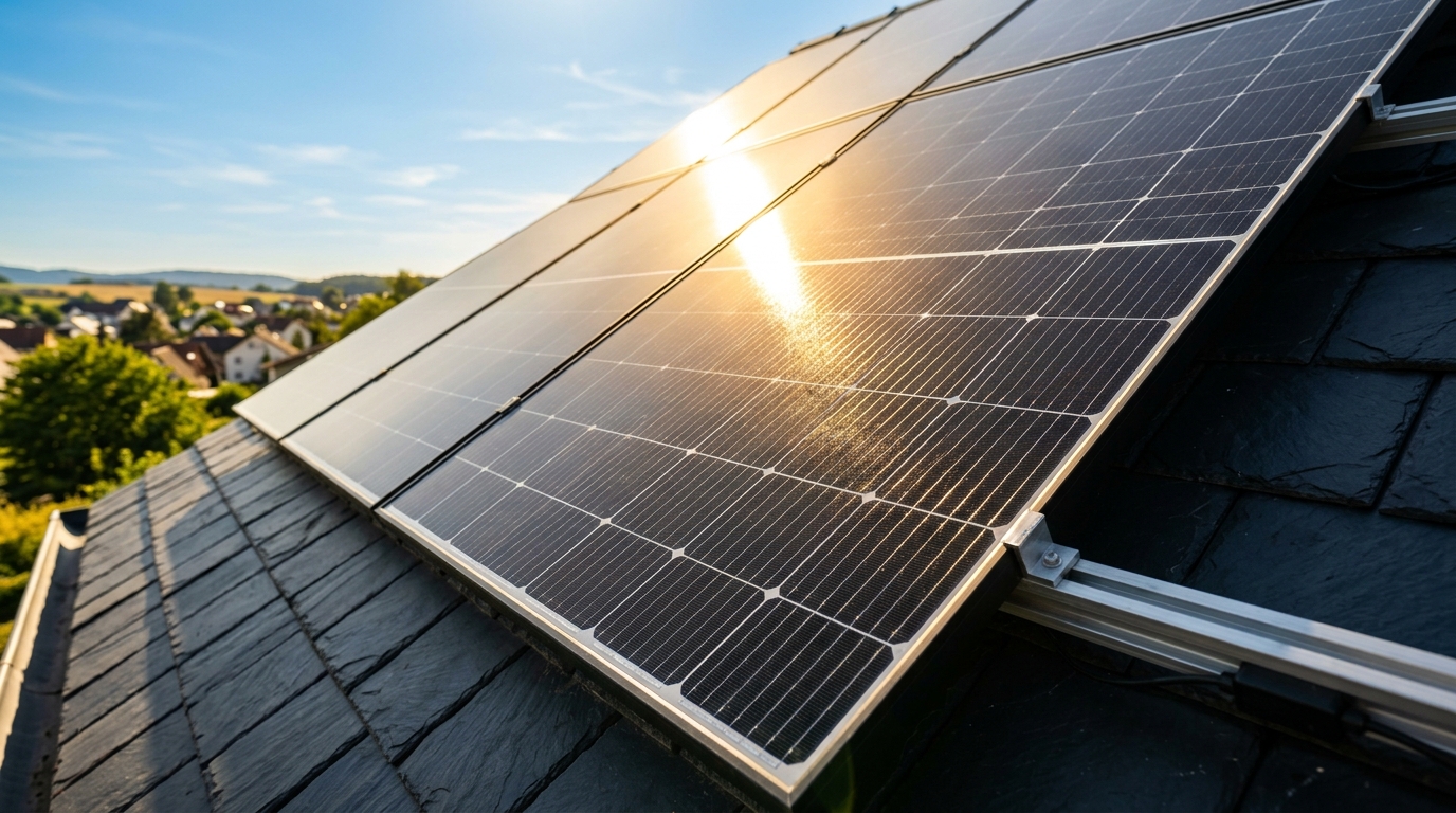 Monokristalline Solarmodule glänzen in der Sonne auf einem Hausdach